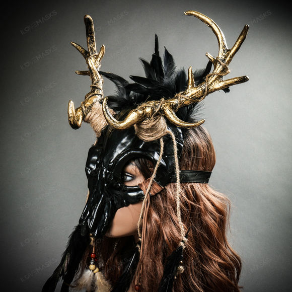 Antelope Devil Gold Deer Horn Skull Ghost Feather Masquerade Mask - Black - Picture 8 of 10